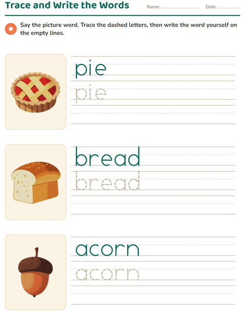 Preview of Word Tracing worksheet featuring Thanksgiving for kindergarten