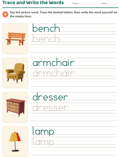 Preview of Word Tracing worksheet featuring Furniture for kindergarten