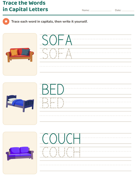 Preview of Word Tracing worksheet featuring Furniture for kindergarten