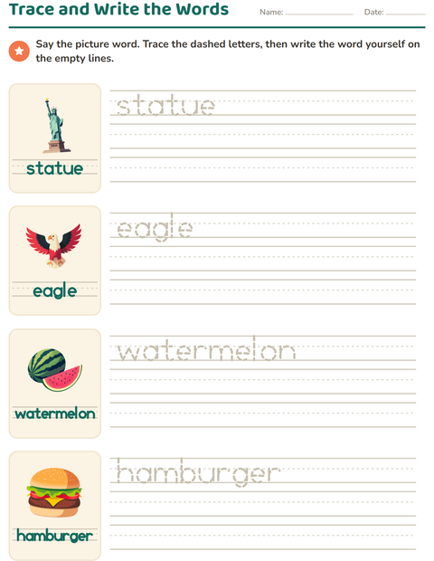 Preview of Word Tracing worksheet featuring 4th of July for kindergarten