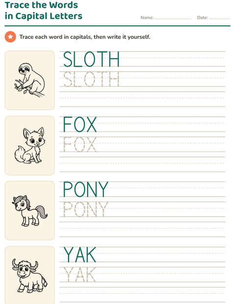 Preview of Word Tracing worksheet featuring Animals BW 2 for kindergarten