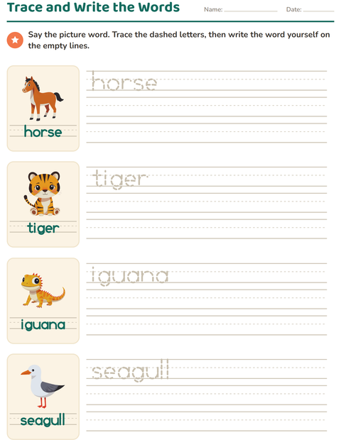 Preview of Word Tracing worksheet featuring Animals for kindergarten