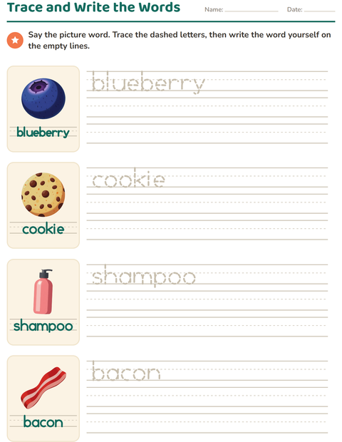 Preview of Word Tracing worksheet featuring At the Supermarket for kindergarten