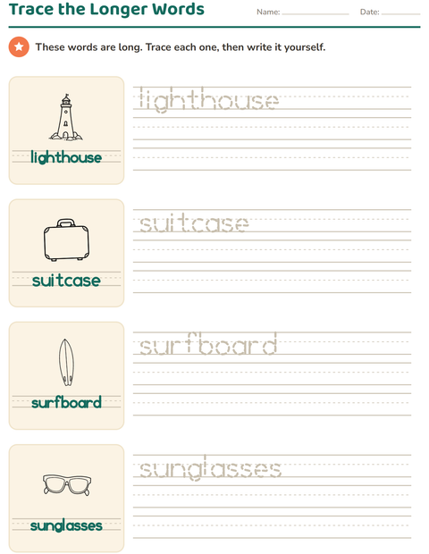 Preview of Word Tracing worksheet featuring Beach BW for kindergarten