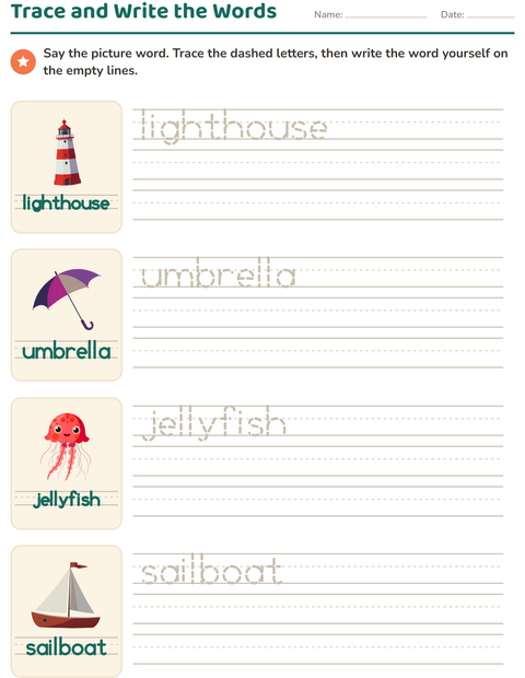 Preview of Word Tracing worksheet featuring Beach for kindergarten