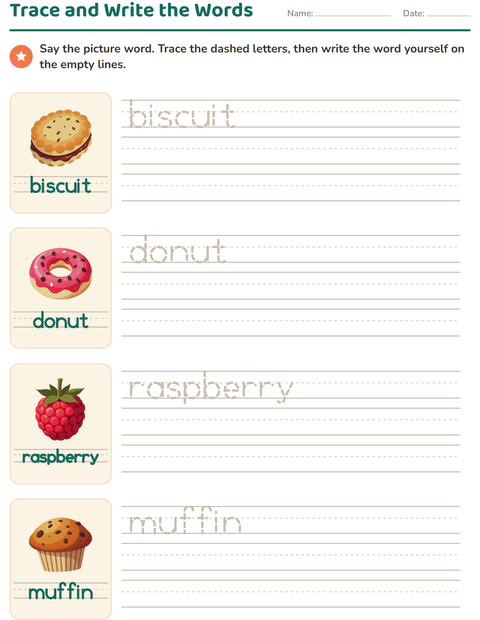Preview of Word Tracing worksheet featuring Breakfast for kindergarten