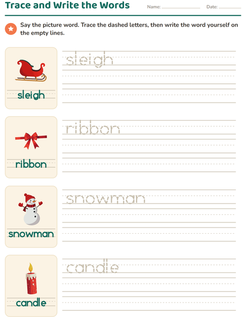 Preview of Word Tracing worksheet featuring Christmas for kindergarten