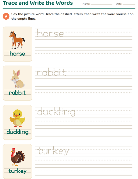 Preview of Word Tracing worksheet featuring Farm Animals for kindergarten