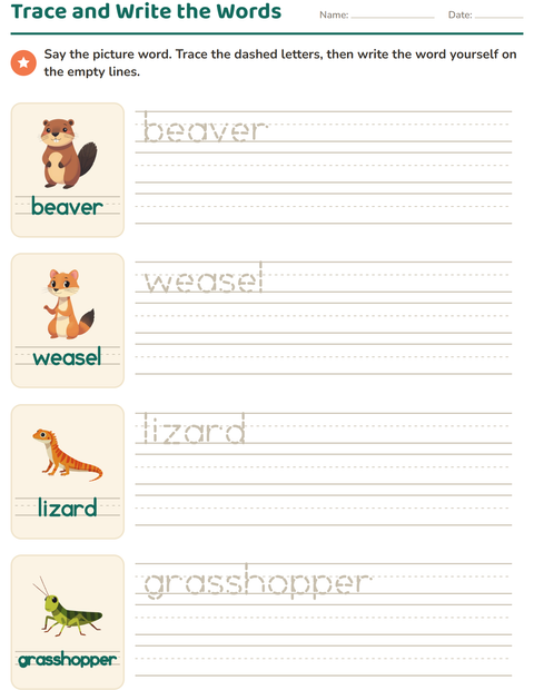 Preview of Word Tracing worksheet featuring Forest Creatures for kindergarten