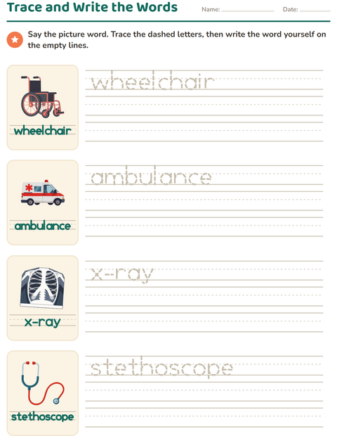 Preview of Word Tracing worksheet featuring Hospital for kindergarten
