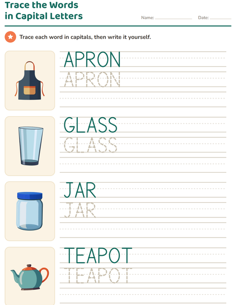Preview of Word Tracing worksheet featuring Kitchen Tools for kindergarten
