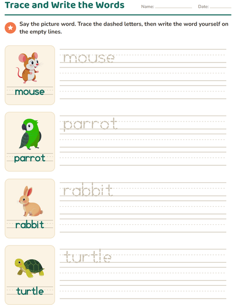 Preview of Word Tracing worksheet featuring Pets for kindergarten