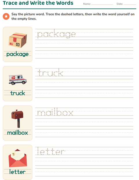 Preview of Word Tracing worksheet featuring Post Office for kindergarten