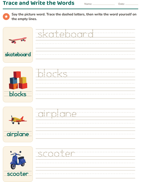 Preview of Word Tracing worksheet featuring Toys for kindergarten