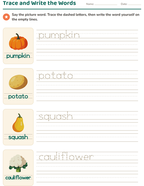 Preview of Word Tracing worksheet featuring Vegetables for kindergarten