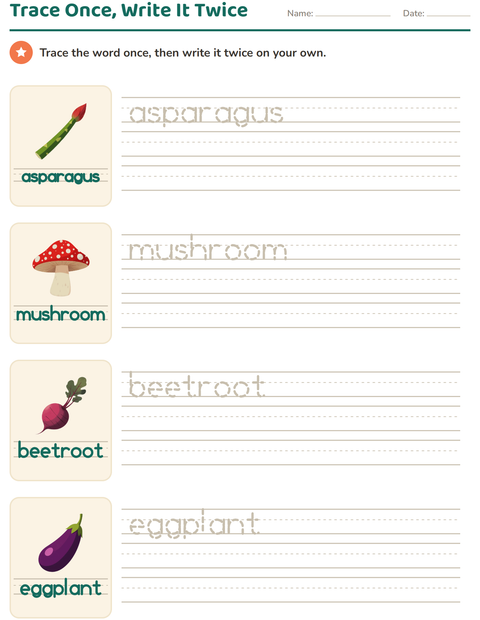 Preview of Word Tracing worksheet featuring Vegetables for kindergarten