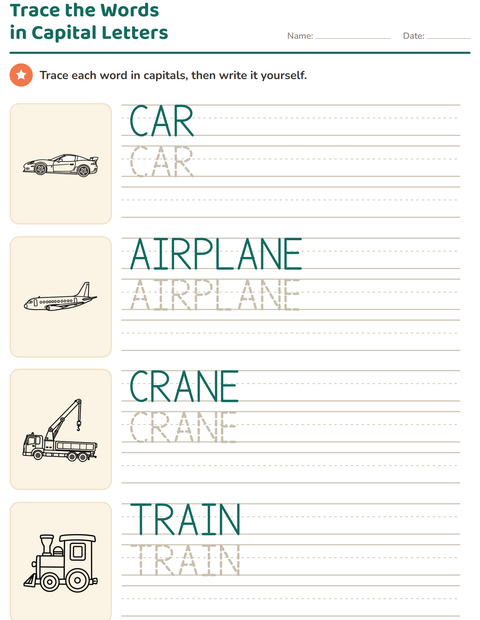 Preview of Word Tracing worksheet featuring Vehicles BW for kindergarten