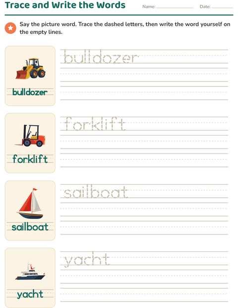 Preview of Word Tracing worksheet featuring Vehicles for kindergarten