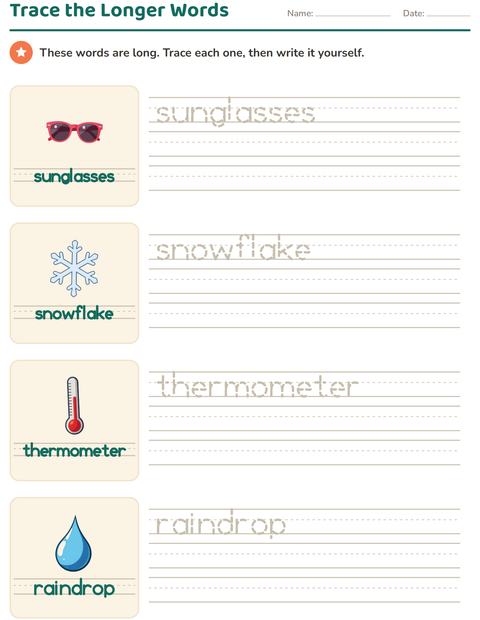 Preview of Word Tracing worksheet featuring Weather for kindergarten