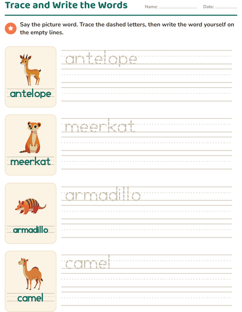 Preview of Word Tracing worksheet featuring Zoo Animals for kindergarten
