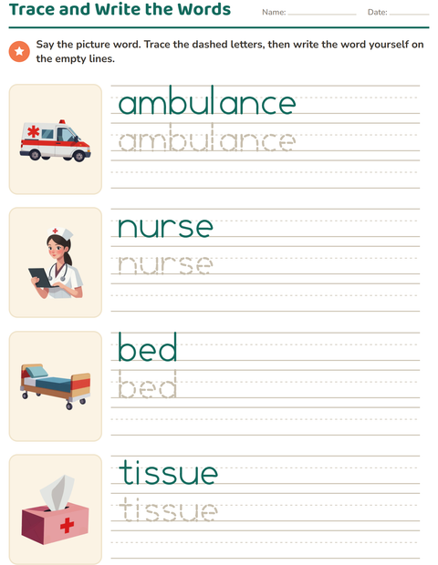 Preview of Word Tracing worksheet featuring Hospital for kindergarten