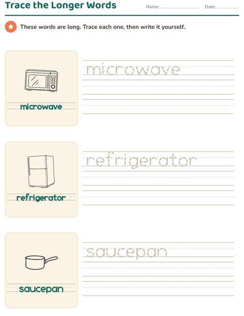 Preview of Word Tracing worksheet featuring Kitchen BW for kindergarten