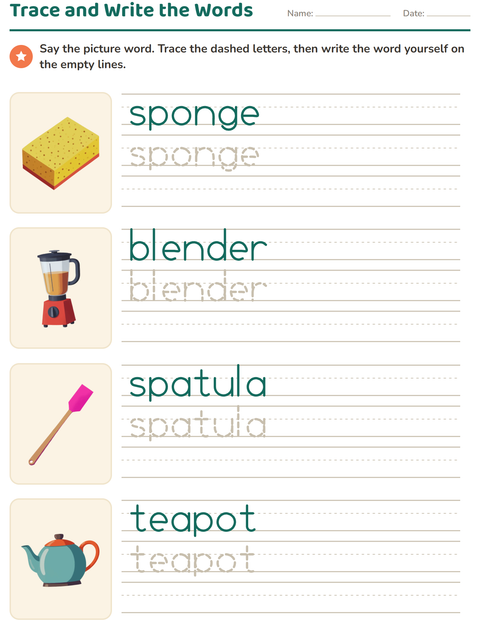 Preview of Word Tracing worksheet featuring Kitchen Tools for kindergarten