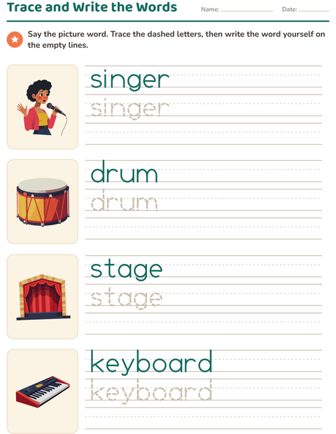Preview of Word Tracing worksheet featuring Music for kindergarten