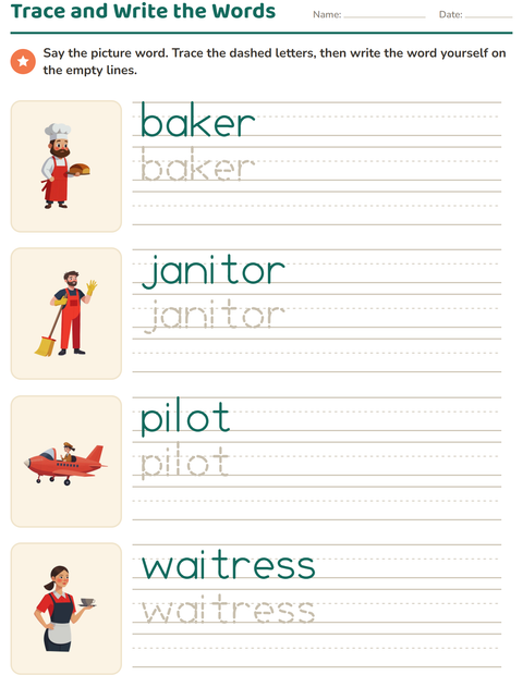 Preview of Word Tracing worksheet featuring Occupations for kindergarten