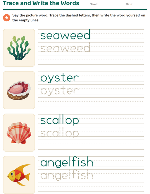 Preview of Word Tracing worksheet featuring Ocean Life for kindergarten
