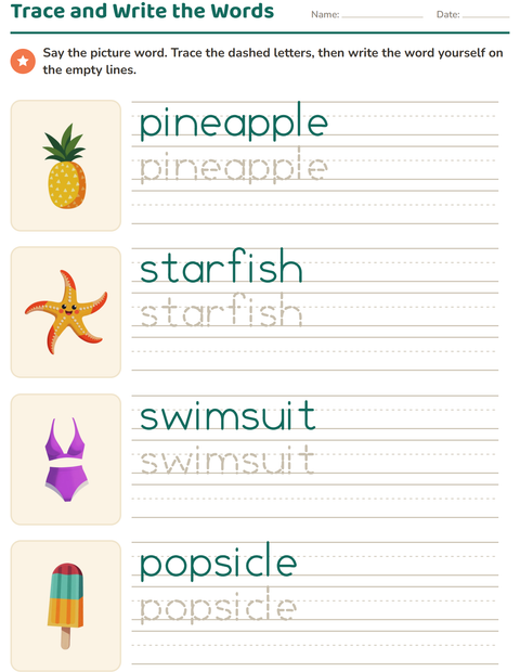 Preview of Word Tracing worksheet featuring Summer for kindergarten