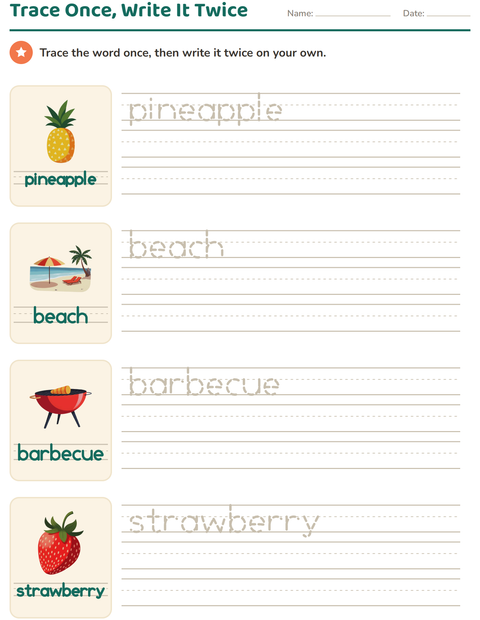 Preview of Word Tracing worksheet featuring Summer for kindergarten