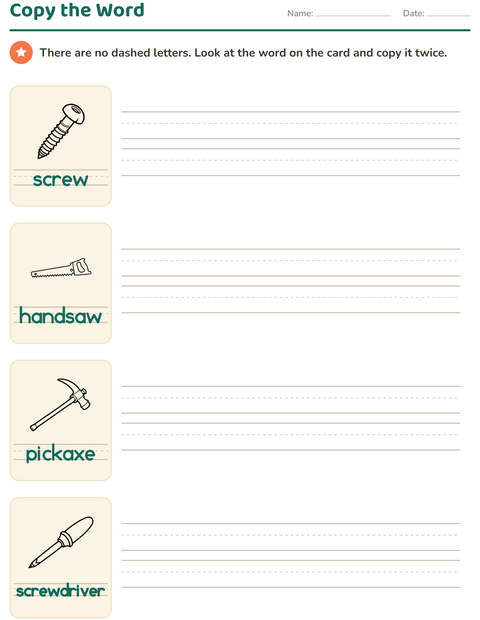 Preview of Word Tracing worksheet featuring Tools BW for kindergarten