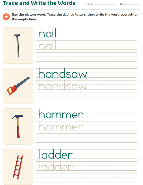 Preview of Word Tracing worksheet featuring Tools for kindergarten
