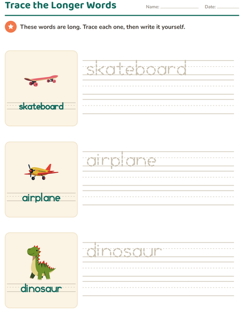 Trace the Longer Words: Skateboard, Airplane, Dinosaur