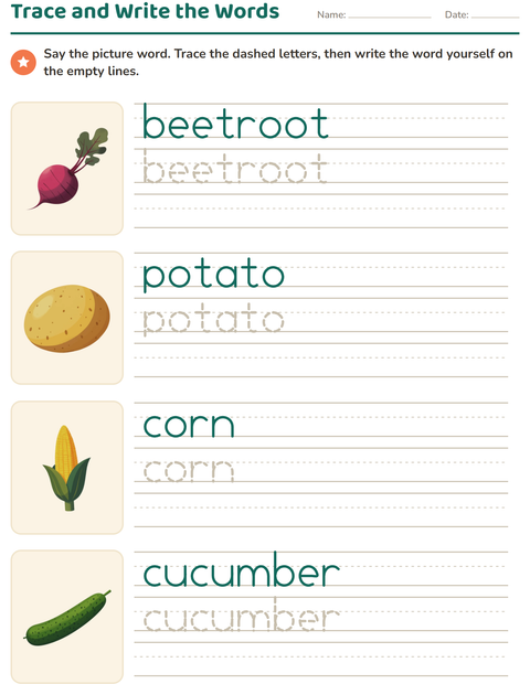 Preview of Word Tracing worksheet featuring Vegetables for kindergarten