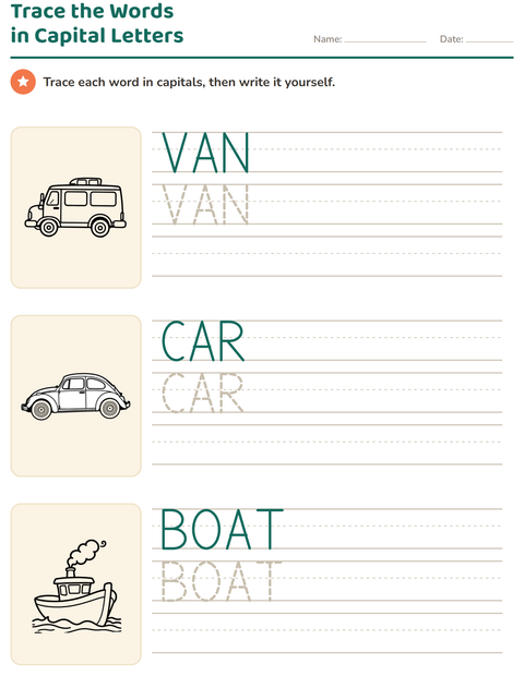 Preview of Word Tracing worksheet featuring Vehicles BW 3 for kindergarten