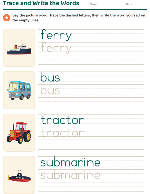 Preview of Word Tracing worksheet featuring Vehicles for kindergarten