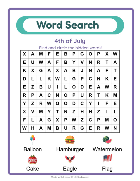 Preview of Word Search worksheet featuring 4th of July for grade 1