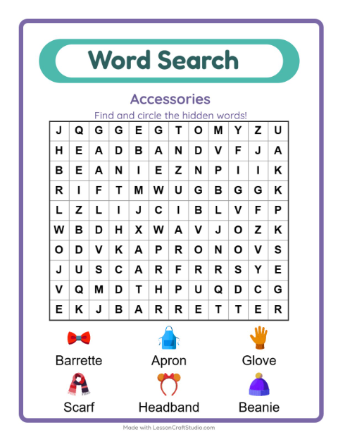 Preview of Word Search worksheet featuring Accessories for grade 1
