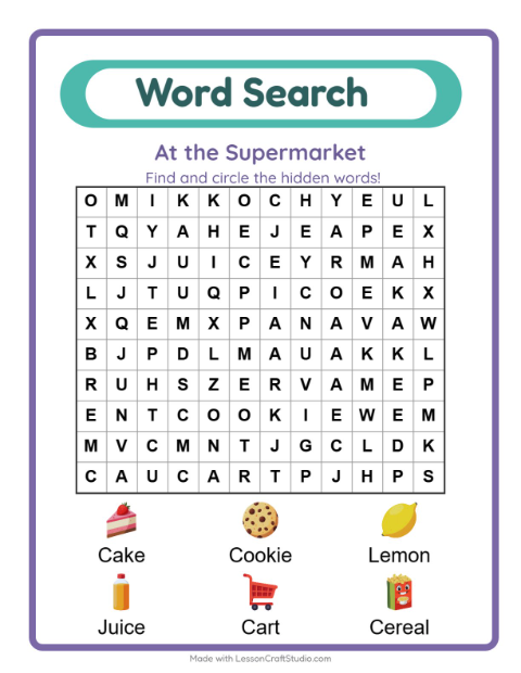 Preview of Word Search worksheet featuring At the Supermarket for grade 1