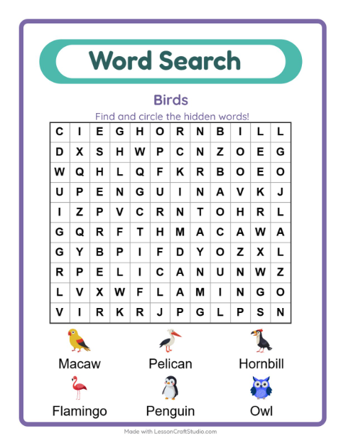 Preview of Word Search worksheet featuring Birds for grade 1