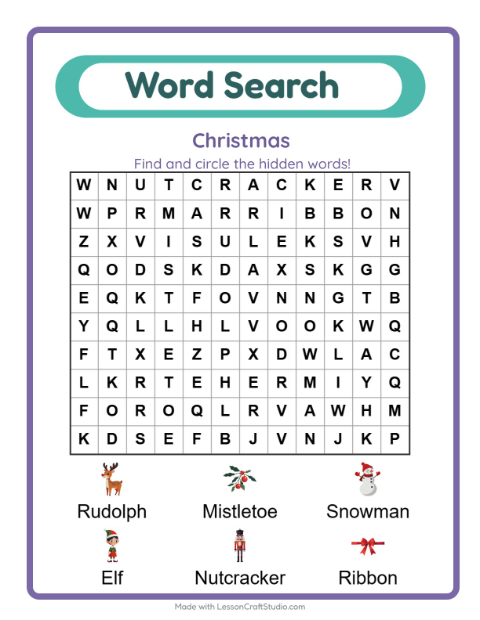 Preview of Word Search worksheet featuring Christmas for grade 1