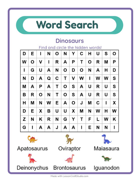 Preview of Word Search worksheet featuring Dinosaurs for grade 1
