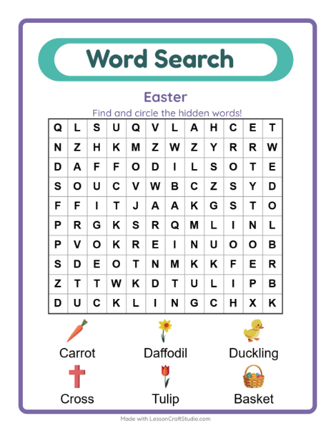 Preview of Word Search worksheet featuring Easter for grade 1