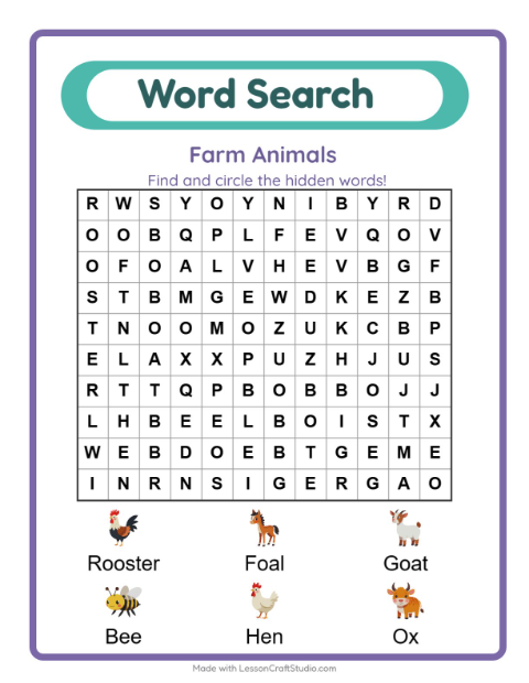 Preview of Word Search worksheet featuring Farm Animals for grade 1