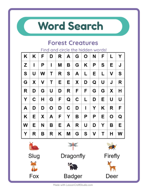 Preview of Word Search worksheet featuring Forest Creatures for grade 1