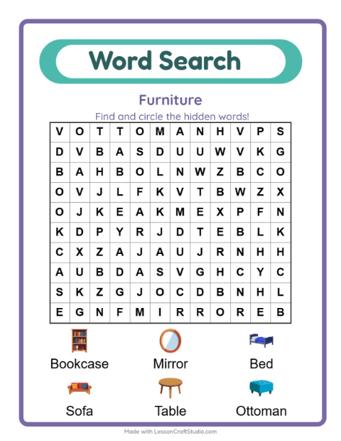 Preview of Word Search worksheet featuring Furniture for grade 1