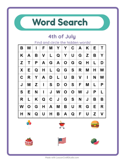 Preview of Word Search worksheet featuring 4th of July for grade 1