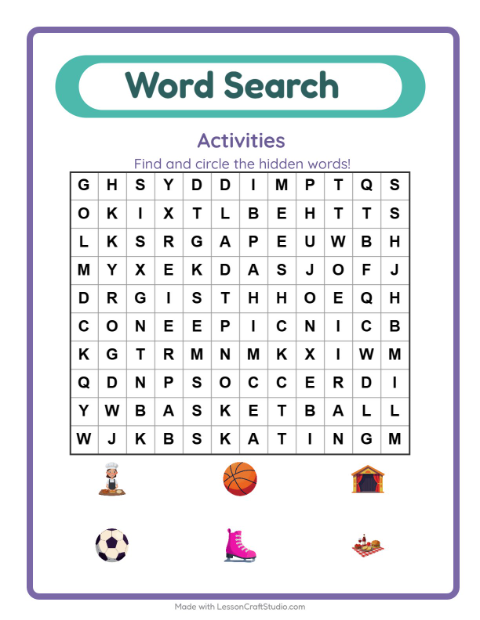 Preview of Word Search worksheet featuring Activities for grade 1